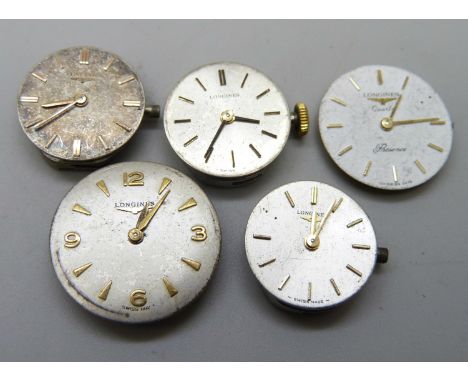 Five Longines wristwatch movements, (lady's watches)