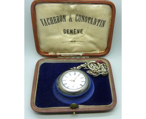 A Vacheron &amp; Constantin pocket watch box with a 19th century Swiss open face pocket watch and Albert chain, case back wit