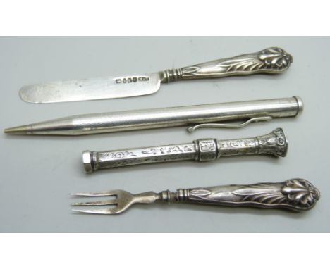A silver Yard-O-Led pencil, a propelling pencil, a small Victorian silver knife and a similar but unmarked fork, 51g