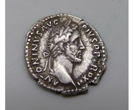 Coins; an Antoninus Pius (138-161AD) struck Rome 148-149 silver Denarius, Antononvs Avg Pivs PPTRPXII, reverse: COS III Aequi