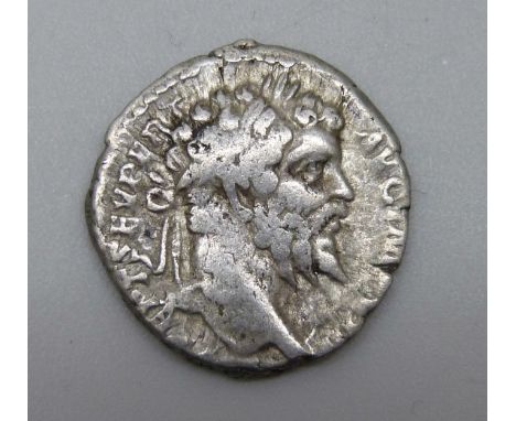 Coins; an ancient silver Denarius Septimius Severus (193-211AD), Laureate bust, reverse Securitas seated holding globe