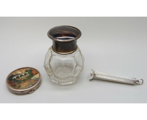 A silver and tortoiseshell topped scent bottle, with stopper, together with a TLM silver compact with butterfly wing design t