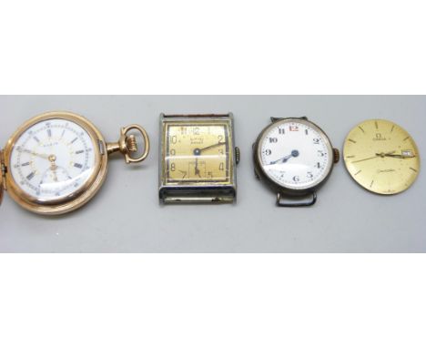 An Elgin gold plated fob watch in a 20 Years cased, a silver cased wristwatch, a Services Airman wristwatch and an Omega quar