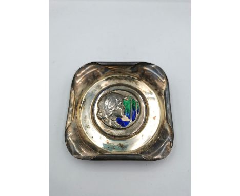 Kate Harris for William Hutton &amp; Sons Ltd, a silver and enameled Arts and Crafts decorative trinket tray. Central repouss