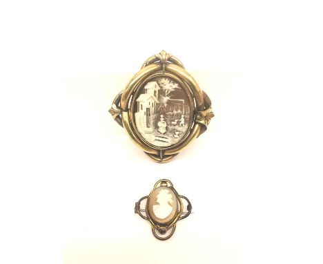 Two Victorian rolled gold cameo brooches, one swivel mourning brooch with a carved shell cameo depicting a house with a lady 