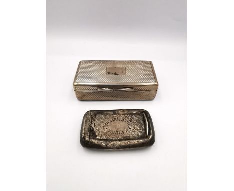 Two antique silver snuff boxes, one Georgian of curved form by Matthew Linwood, 1781 with engraved laurel wreath to the lid a