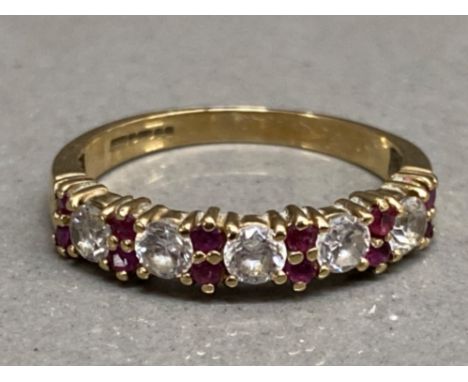 9ct gold, Ruby &amp; CZ half eternity ring, size M1/2, 2.3G gross