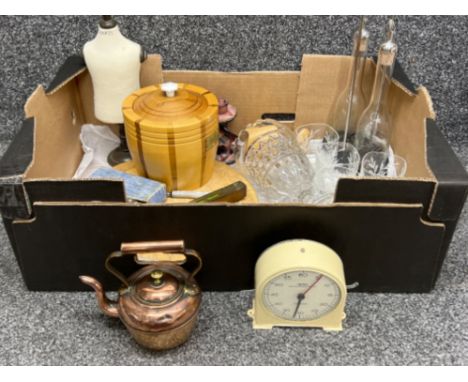 Box miscellaneous including copper kettle, smiths clock, wooden ice bucket