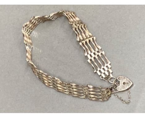 Silver 5 bar gate bracelet with padlock &amp; safety chain, 8.4g