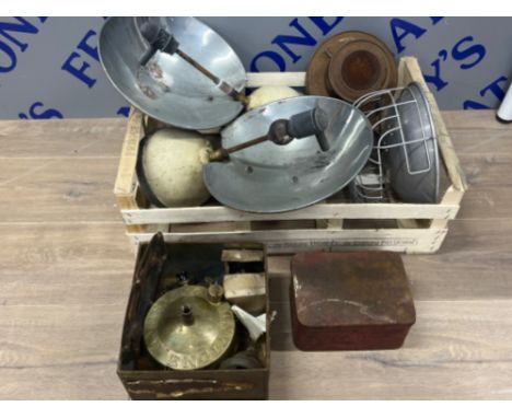Box Tilley lamp fittings including reservoirs, vintage brass camping stoves parasene and primus