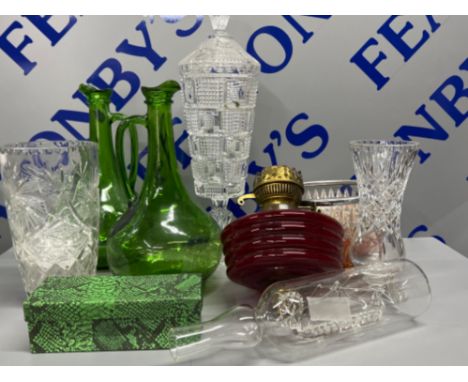 Tray of glass and crystal including tall sweet jar and cover, pigeon blood oil lamp reservoir and green glass Carafe jugs