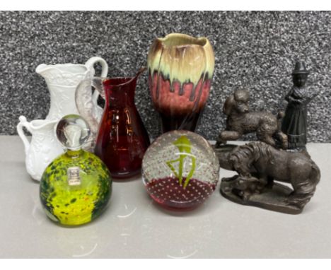 Mixed lot to include Caithness &amp; Mdina glass paperweights, west German small vase, Whitefriars Ruby jug &amp; figured orn