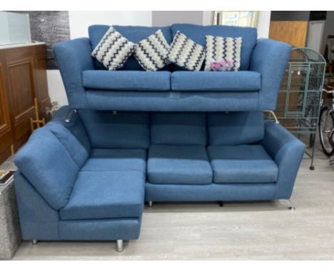 2 piece upholstered modern suite comprising of a corner settee &amp; two seater sofa, upholstered in a blue fabric