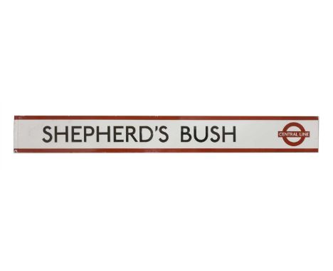 'SHEPHERD'S BUSH', a London Underground original enamel frieze sign, including the Central Line target at one end of the enam