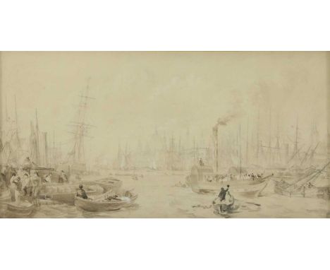 WILLIAM PARROT (1813-1869) THE POOL OF LONDON, LOOKING TOWARDS LONDON BRIDGE A Preparatory study for a lithograph, pencil and