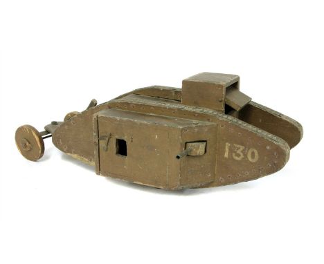 WW1 MARK VI 130 'NELSON' TANK BANK MODEL, a rare articulated WWI folk 'trench' art hand-painted, wood model of the Mark VI 13