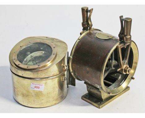 A ship's brass compass, diam. 18cm and a Chadburns throttle, height 27cm