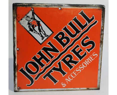 A John Bull Tyres double sided enamel sign, 40cm x 40cm. Condition - rusty around the edges, fading to one side.