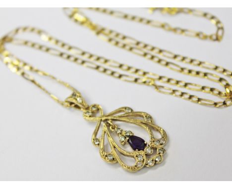 An Art Nouveau style 9ct gold diamond pendant on 9ct gold chain, gross wt. 6g.