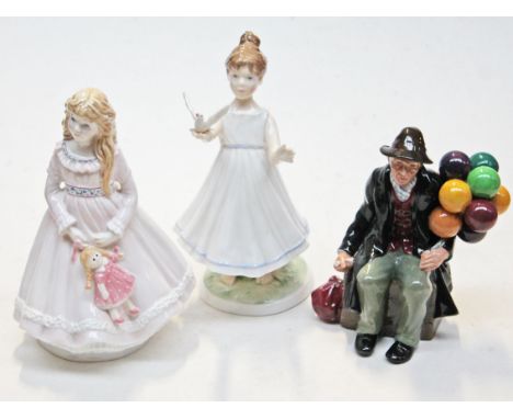Two Royal Worcester figures and a Royal Doulton figure, tallest 22.5cm. Condition - no chips, cracks nor any restoration, lit