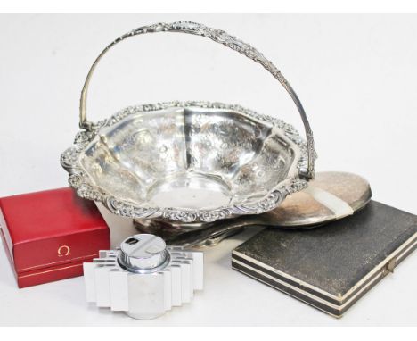 A mixed lot comprising a silver palted bowl, a Sarome Piezo lighter, an Omega watch box, a hallmarked silver backed mirror an