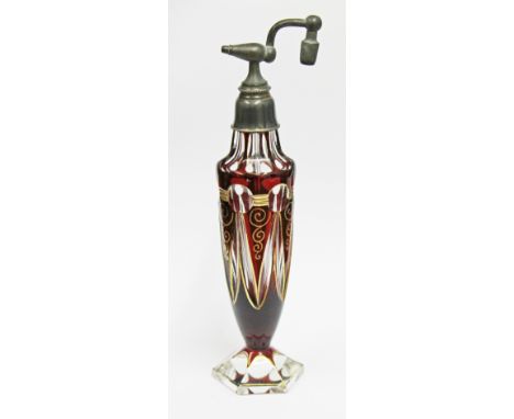 A Bohemian ruby and gilt cut glass atomiser, height19cm. Condition - good, minor nibbles to facetes and wear to gilding only.