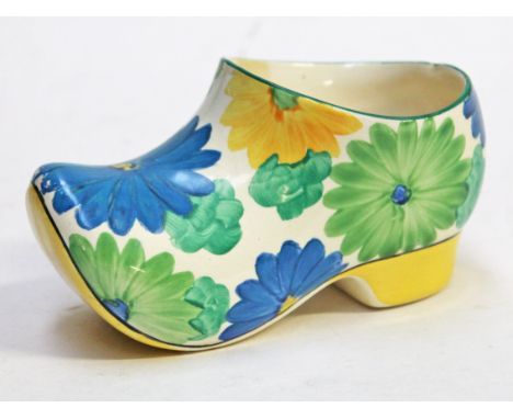 A Clarice Cliff Art Deco Sungay clog, length 14.5cm. Condition - restoration to front rim,  no further damage/repair, general