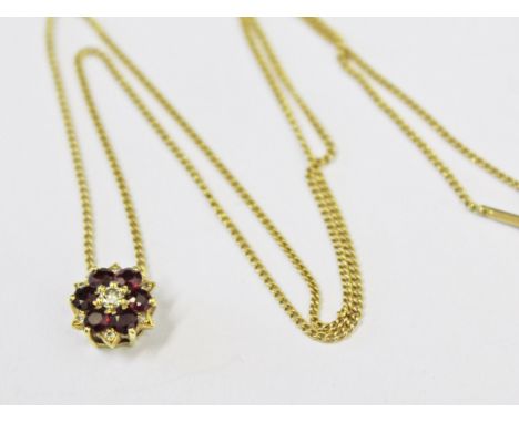 A 18ct gold ruby diamond pendant on 18ct gold chain, length 41cm, gross wt. 3.6g.