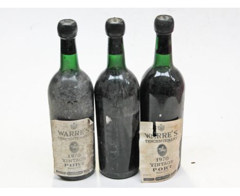 Three bottles of Warre's Tercentenary 1970 vintage port, level just below neck.