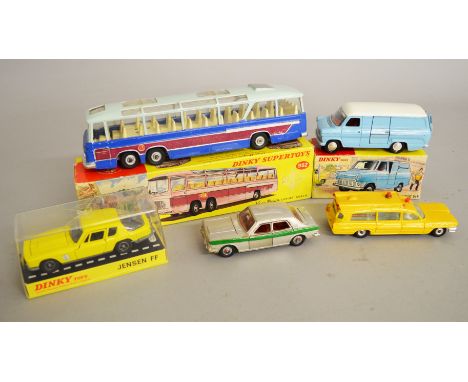 Three boxed Dinky Toys, 188 Jensen FF, G+ in F box , 407 Ford Transit Van  'Kenwood', F in P/F box missing one end flap and 9