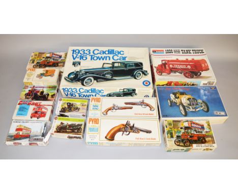 Assorted box of plastic model kits of cars, trucks and pistols by Pyro, Monogram and Airfix etc. Including Entex 9029 1933 Ca