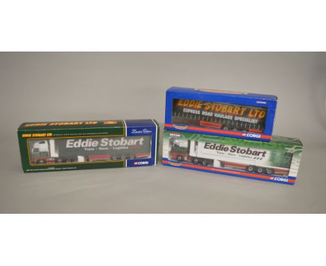 Four Corgi 1:50 scale Eddie Stobart diecast models: CC19904 Curtainside Trailer, missing tractor unit; CC13801 Mercedes-Benz 