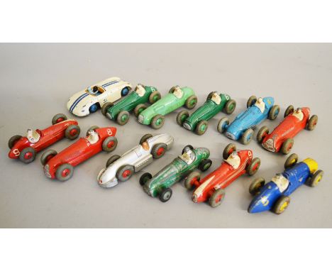 Twelve unboxed Dinky Toys diecast Racing Car models, with varying degrees of play wear, including Ferrari, 'Speed of the Wind