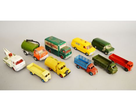 Ten unboxed playworn Dinky Toys diecast models including a 450 Bedford TK 'Castrol' van and a 434 Bedford TK 'Top Rank' Crash