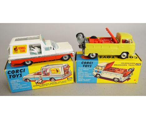 Two boxed Corgi Toys diecast models, 486 Kennel Service Wagon and 490 Volkswagen Breakdown Truck. Overall models appear G+ in