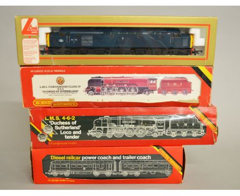 OO Gauge. Three boxed Hornby locomotives including two  LMS 4-6-2 Duchess of Sutherland locos with tenders  and  a Diesel Rai