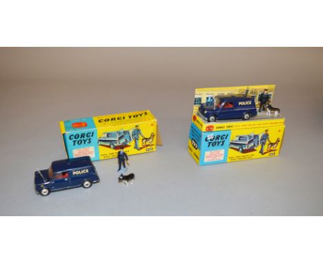 A boxed Corgi Toys 448 BMC Mini police Van with Tracker Dog, G/G+ with handler dog and lead on G+ plinth in G+ outer box toge