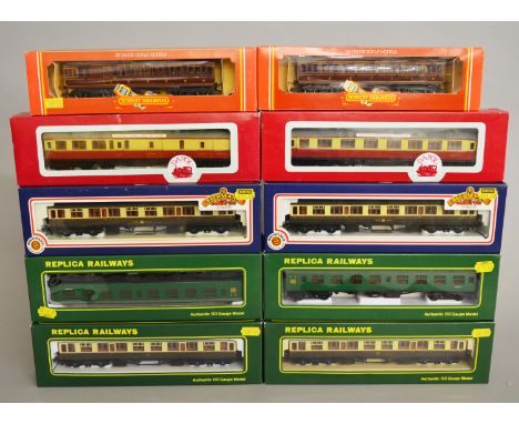 OO Gauge. Ten boxed Coaches by various manufacturers and liveries, including two Hornby LMS, R.384 and R.385, 4 x Replica Rai