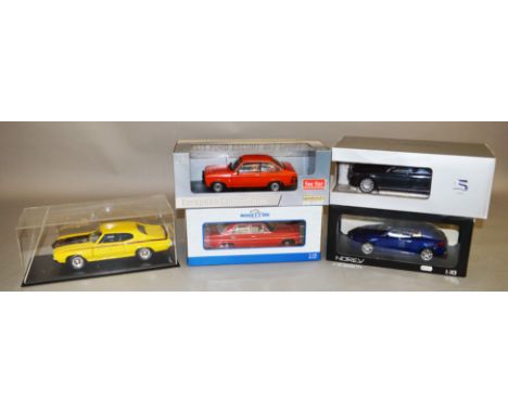 Five 1:18 scale diecast model cars: Sun Star 4611 1975 Ford Escort Mk2 Sport in carnival red; Norev 187900 Alfa Romeo Brera; 