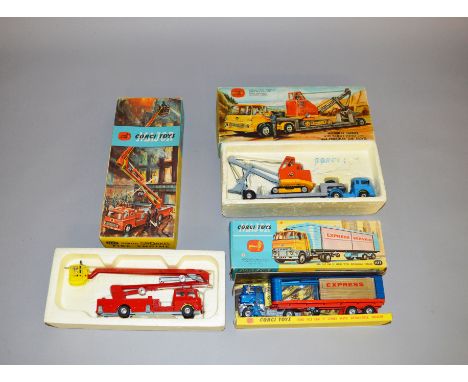 Three boxed Corgi Toys diecast models, including  1127 Simon Snorkel Fire Engine, 1137 Ford Tilt Cab with Trailer  and GS27 B