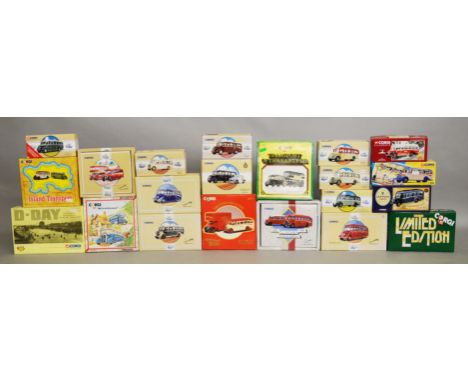 21 x Corgi diecast model buses, mostly gift sets. Boxed and VG.