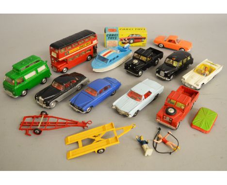 Eleven unboxed Corgi Toys diecast models with varying degrees of play wear and with repainting to some. A Poor box for the re