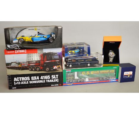 A selection of boxed diecast models including two 1:50 scale trucks, Corgi CC13703 Scania Curtainside and Mammoet Actros 8x4 