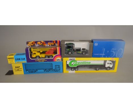 Six boxed Continental diecast truck and van models in various scales by Conrad, Lion Car, Siku etc., including a 'Lion Toys' 