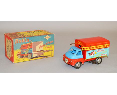 A boxed Welsotoys #708 'Robin Paint and Poster Truck' model of tinplate and plastic construction, based on the Bedford 'S-typ