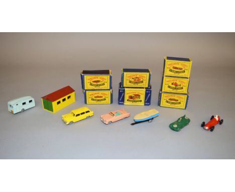 Six boxed Matchbox diecast models from the original 1-75 series, all except the #52 model being metal wheel variants, includi