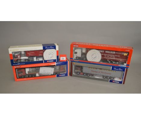 Four Corgi 1:50 scale model lorries; Man Curtainside CC12001, Scania Crane Trailer &amp; Load CC12217, DAF XF Space Cab Step 