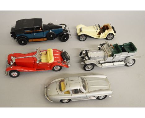 Five Franklin Mint diecast models: 1907 Rolls-Royce Silver Ghost; 1937 Mercedes-Benz 500K Special Roadster; 1929 Rolls-Royce 