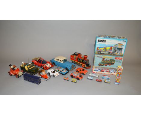 Quantity of tinplate toy vehicles, mostly Japanese, including a Bandai Rolls-Royce Silver Cloud and a Kanto Champion racing c