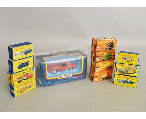 Five boxed Matchbox 1-75 series Regular Wheels diecast models, 10 Sugar Container BPW, 20 Taxi-Cab BPW with 'Taxi' decal to b